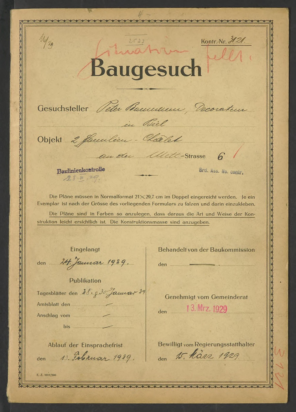 Titelblatt des Baugesuchs Nr. 3121, Mettstrasse 6, 1929