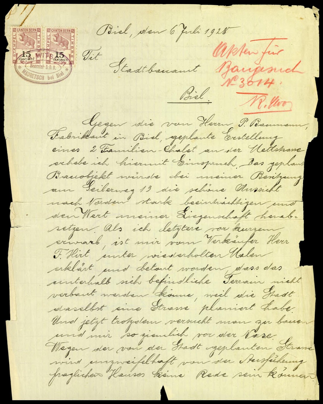 Handschriftlicher Einspruchsbrief von F.A. Witschi, 6. Juli 1928
