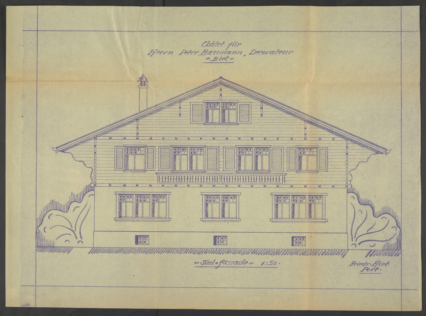 Süd-Fassade des Chalets, Planzeichnung 1929